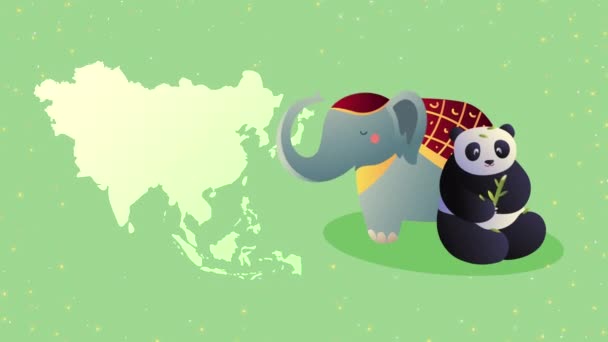 Asian culture map with panda and elephant animation — Stock Video