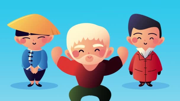 Asian culture group of men animation — Stock Video