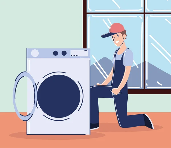 Arbeiter reparieren Waschmaschine — Stockvektor