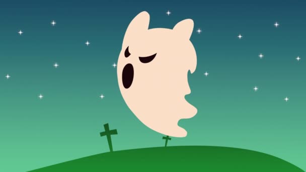 Šťastný halloween animace s duchem na hřbitově — Stock video