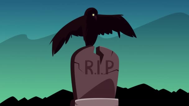 Happy halloween animation with crow in gravestone — Stock Video