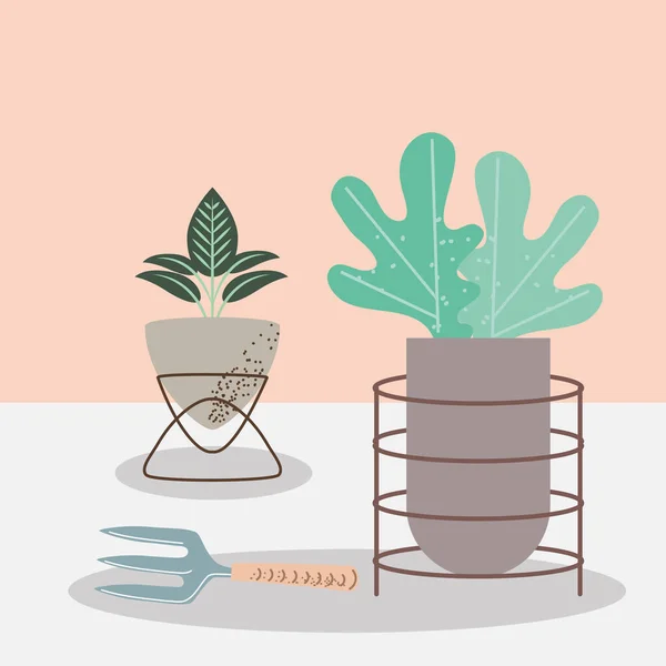 Plantas de jardín y rastrillo — Vector de stock