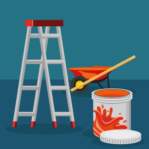 Escalera de renovación cubo de pintura — Vector de stock