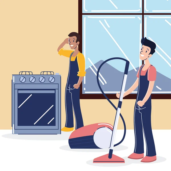 Trabajadores masculinos con electrodomésticos — Vector de stock