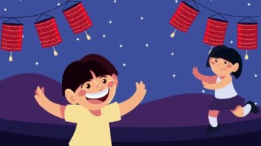 Sonbahar ortasında çocuklar ve lambalarla yapılan animasyon