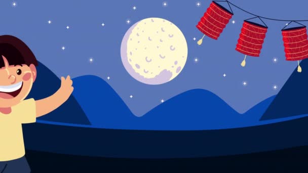 Połowa jesiennej animacji z chłopcem i księżycem — Wideo stockowe