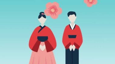 Çift ve çiçeklerle Kore kültürü animasyonu