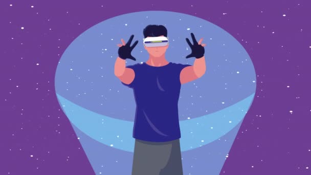 Virtual reality tech animatie met jongen met behulp van — Stockvideo