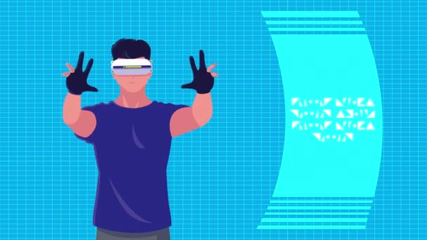 Animación tecnológica de realidad virtual con el hombre utilizando — Vídeos de Stock