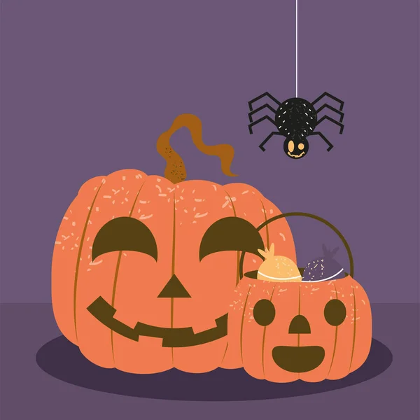 Halloween-Spinne und Kürbisse — Stockvektor