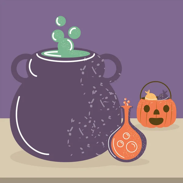 Caldero y calabaza de Halloween — Vector de stock