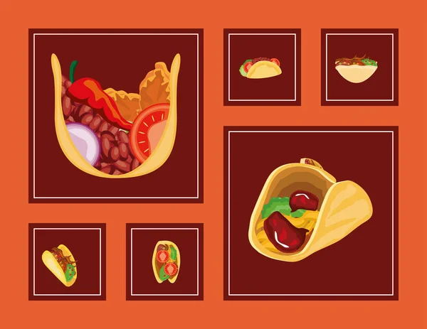 Tacos alimentos icono conjunto — Vector de stock