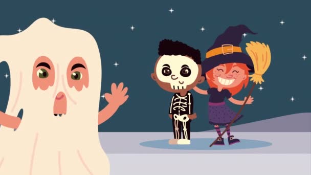 Feliz halloween animación de fantasma y bruja con esqueleto — Vídeos de Stock