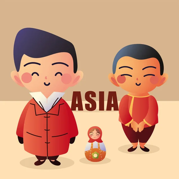 Asijští muži s panenkou matryoshka — Stockový vektor