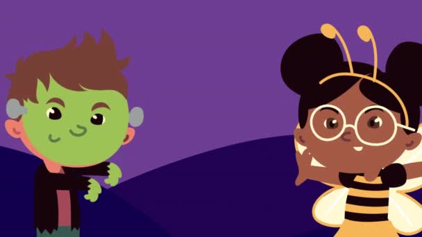 Felice animazione di Halloween con piccolo Frankenstein e ape — Video Stock