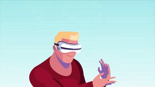 Технологическая анимация виртуальной реальности с блондином с использованием маски и диаграммы — стоковое видео