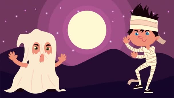 Szczęśliwa animacja halloween z małą mamusią i duchem — Wideo stockowe