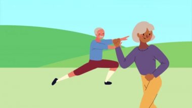 Yaşlı çift egzersiz animasyonu yapıyor.