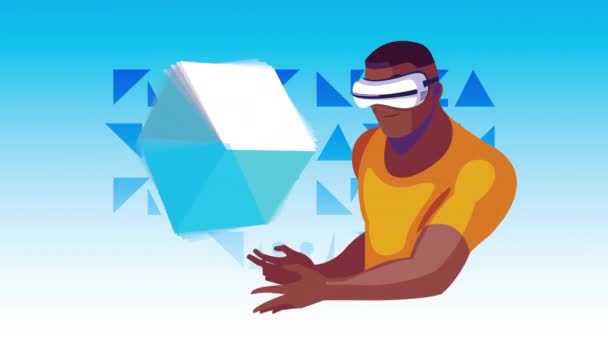 Animación tecnológica de realidad virtual con hombre afro usando máscara y cubo — Vídeo de stock
