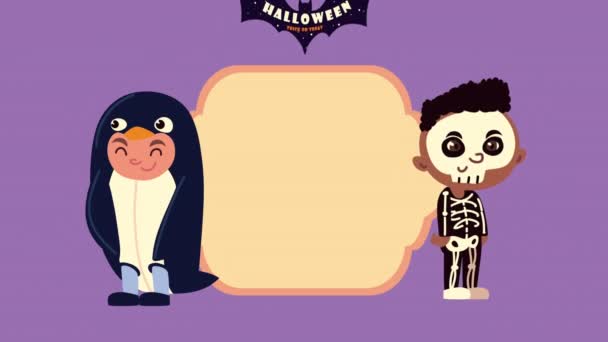 Felice animazione di Halloween con piccolo scheletro e pinguino — Video Stock