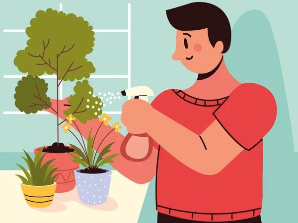 Uomo annaffiamento piante d'appartamento — Vettoriale Stock