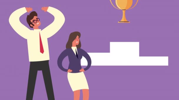 Elegant business couple with trophy cup animation — Stock video