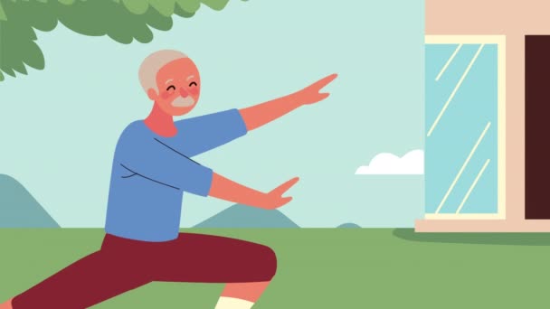 Старик практикует анимацию упражнений — стоковое видео