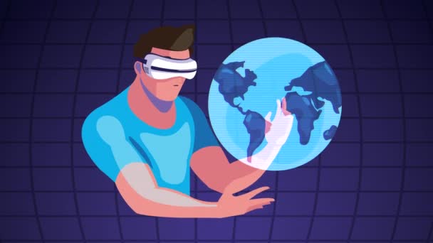 Virtual reality tech animation with man using mask and earth planet — Stock Video