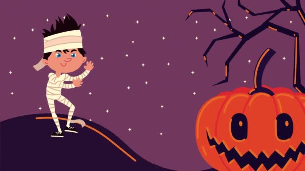 Happy halloween animation with little mummy and pumpkin — Stock Video