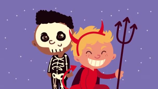 Animación feliz halloween con poco esqueleto y el diablo — Vídeos de Stock