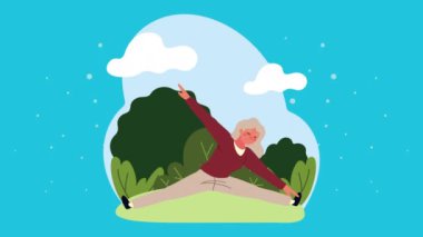 Yaşlı kadın egzersiz animasyonu yapıyor.