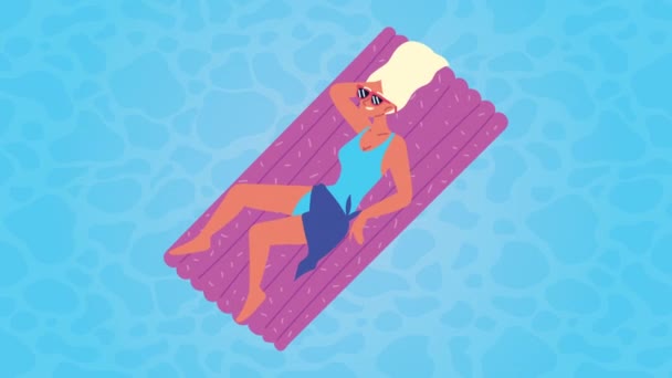 Woman relaxing in purple mat floating animation — Stock Video