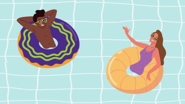 Interracial couple relaxing in floats animation — Stock Video