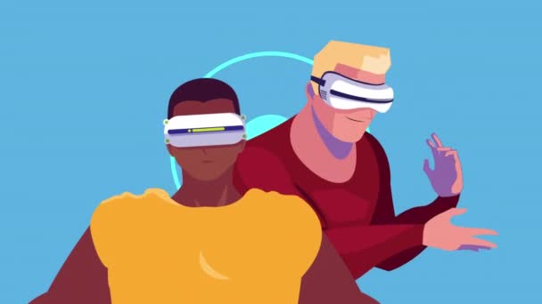 Tecnologia realidade virtual com homens inter-raciais usando máscaras — Vídeo de Stock