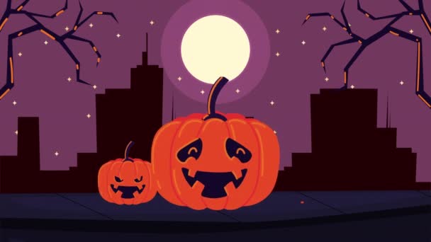Веселая анимация на Хэллоуин с детьми по ночам — стоковое видео