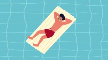 Adam havuz animasyonunda beyaz bir paspasın üzerinde dinleniyor.