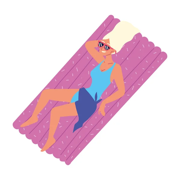 Femme avec maillot de bain sur lit gonflable — Image vectorielle