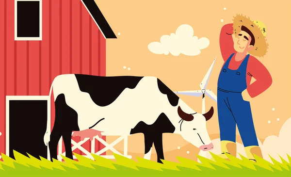 Agricultor com vaca — Vetor de Stock