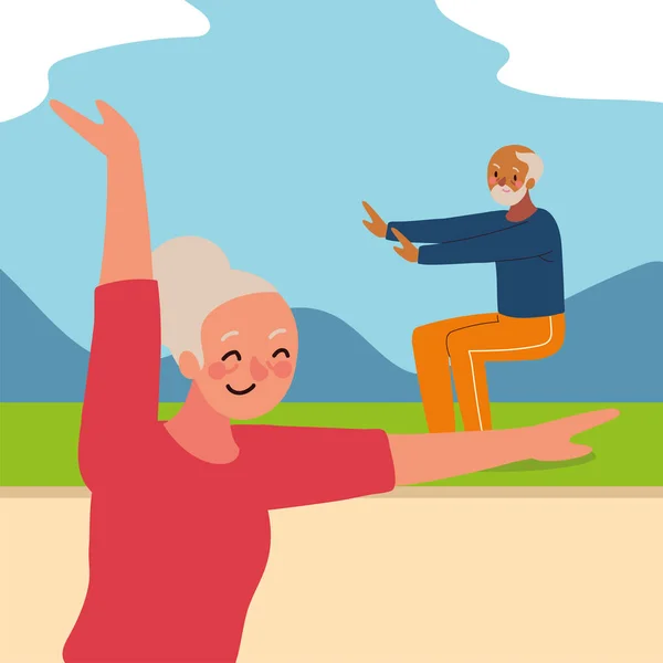 Happy old couple doing yoga — Stock Vector