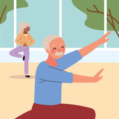 Yaşlı çift alıştırma yapıyor.