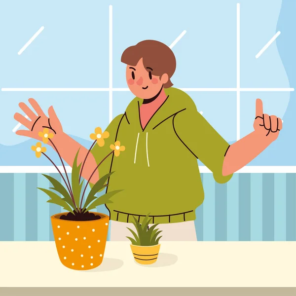Uomo e piante d'appartamento — Vettoriale Stock