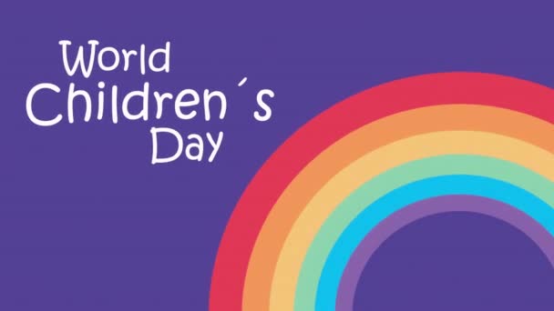 Mundo niños día letras con arco iris — Vídeos de Stock