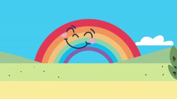 Comic rainbow character in landscape — Stock Video