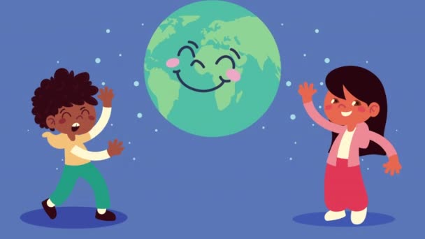 幸せな小さな子供たち夫婦と地球の惑星 — ストック動画