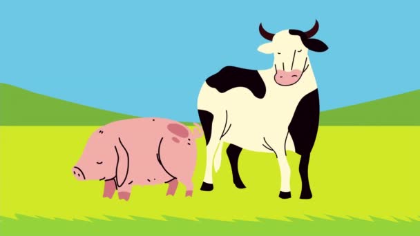 Animação do estilo de vida da fazenda com vaca e porco — Vídeo de Stock