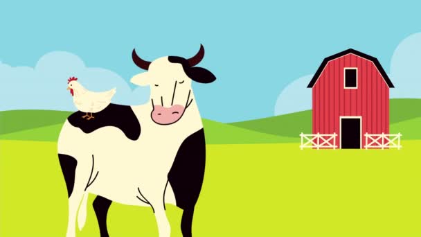 Animación estilo de vida de granja con vaca y estable — Vídeos de Stock