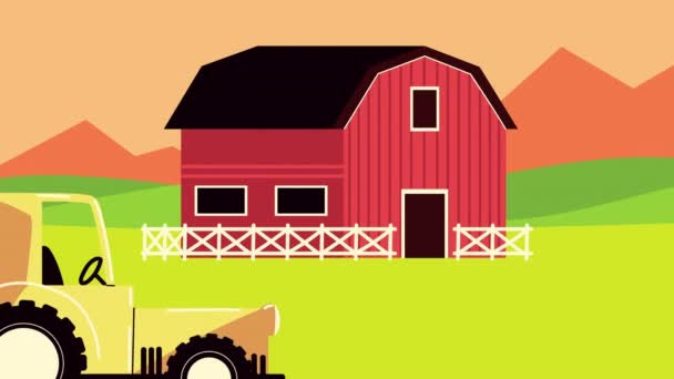 Farm lifestyle animation with stable and tractor — Stock Video