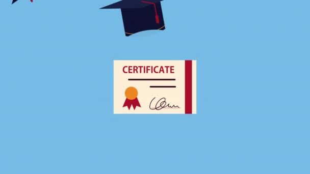 Animación de graduación con patrón de certificado y sombreros — Vídeos de Stock