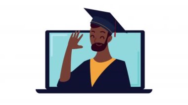 Bilgisayarında afro adam olan sanal mezuniyet animasyonu