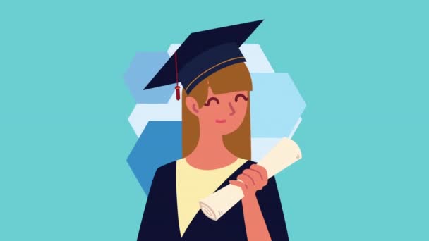 Animación de graduación con chica graduada — Vídeo de stock
